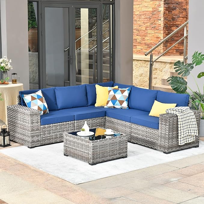 HOOOWOOO Outdoor Patio Sectional Furniture Sofa Set with Widened Armrest,6 Piece Small Modern Wicker Couch,Modular L Shaped Conversation Seating Set with Table for Out Door Garden Corner(Navy Blue)