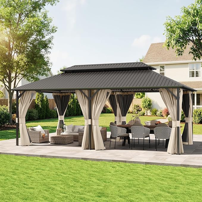 UDPATIO 12'x20' Hardtop Gazebo, Outdoor Metal Gazebo with Galvanized Steel Double Roof, Permanent Pavilion with Netting and Curtains for Lawn, Garden, Patio, Beige