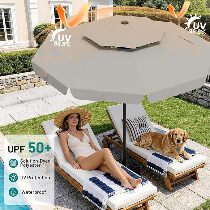 AreShark 12ft 2-Tier Patio Umbrella with Valance - Outdoor Umbrella Waterproof UV Protection, Market Table Umbrella w/ 8 Sturdy Ribs&Crank for Pool, Backyard, Garden(Light Gray)