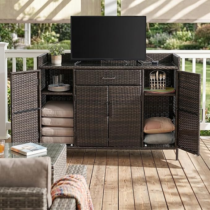 53.2"W Outdoor Weather-proof Rattan Storage Cabinet with Tempered Glass Desktop,Outdoor Wicker Bar Table with One Large Drawer & Adjustable Shelves for Patio, Backyard,Garden,Pool (Black+Brown#81)