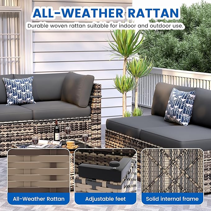 8-Piece Patio Furniture Set with 44” Fire Pit Table - All-Weather Wicker Conversation Sectional Sofa & Coffee Table with Thickened Cushions for Backyard, Garden(Grey)