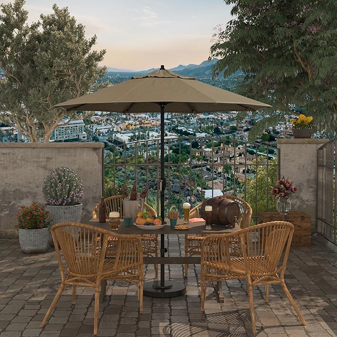 California Umbrella 7.5' Rd Aluminum Patio Umbrella, Crank Lift, Auto Tilt, Black Finish