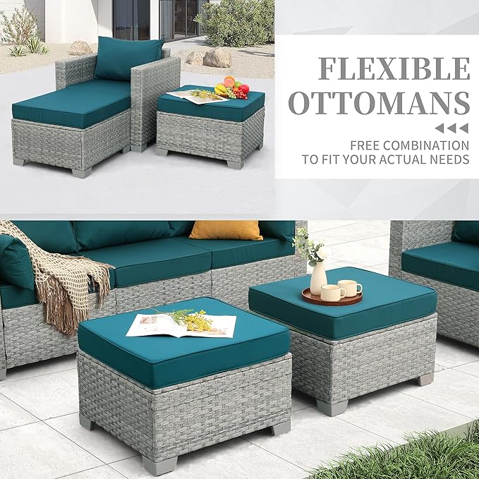 WAROOM Patio Furniture Set 6 Piece PE Rattan Outdoor Conversation Sets Grey Wicker Couch Sectional Sofa with 30" Fire Pit Table and Peacock Blue Cushion