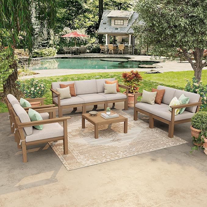 Stoog Patio Furniture Set, 6-Piece Modular Outdoor Sectional Sofa - Convertible Layout, Waterproof HIPS Frame & Quick-Dry Olefin Cushions, Teak
