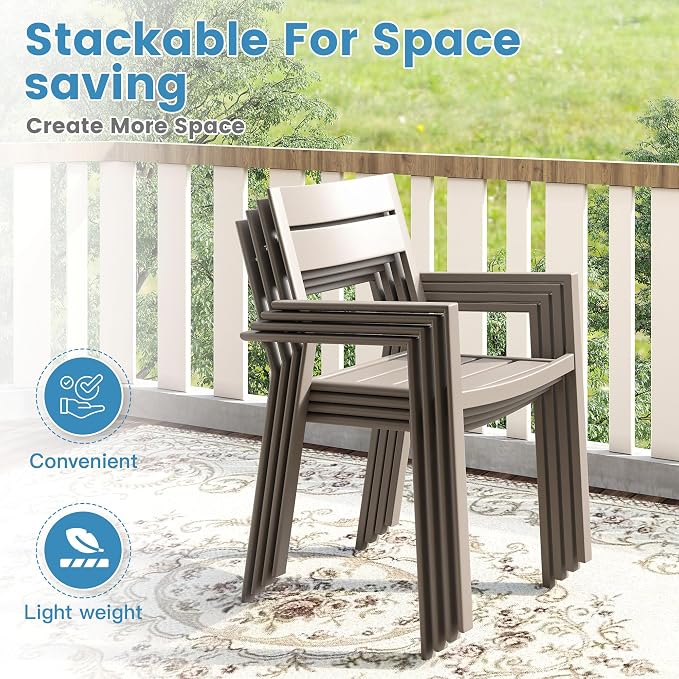 DIFY 5 Piece Outdoor Patio Dining Set for 4, Patio Table and Chairs Set with Umbrella Hole, 37.8" Square Dining Table and Stackable Metal Chairs for Backyard Poolside Deck, Grey Wood-Like & Sandshell