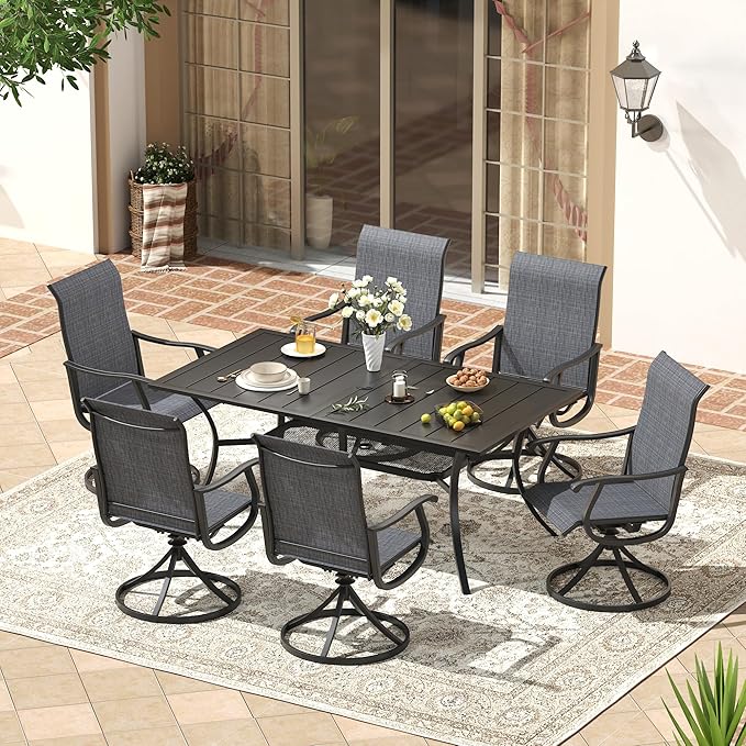 VICLLAX 7 Pieces Patio Outdoor Dining Set, 59" Metal Dining Table with Umbrella Hole and 6 Swivel Textilene Chairs for Lawn,Garden,Porch,Black/Dark Grey