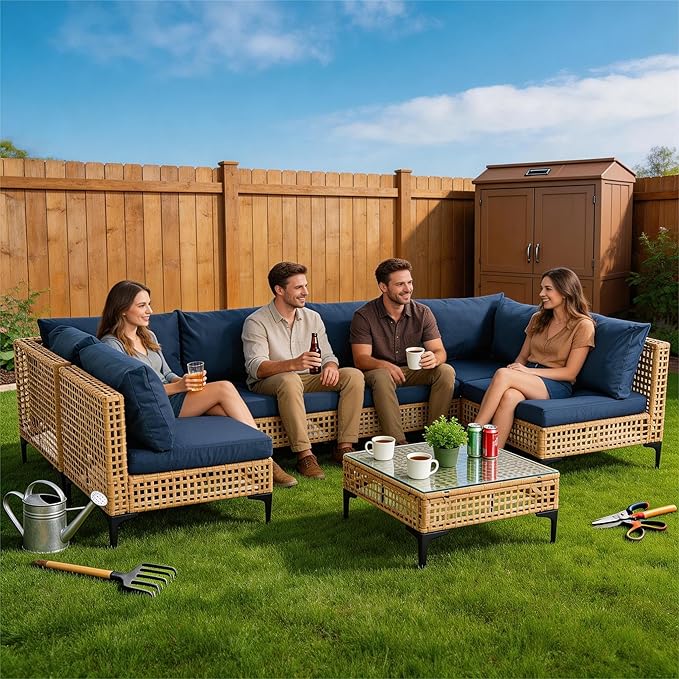 7-Piece Patio Furniture Set, All Weather Wicker Outdoor Sectional Conversation Sofa w/Thick Cushions & Glass Table for Lawn Poolside Backyard Porch, Blue