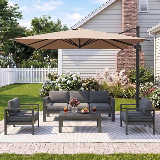 Wisteria Lane 5 Pieces Aluminum Patio Furniture Set with Umbrella, All Weather Oversized Outdoor Furniture Set with Deep Seat and Back Cushion, Patio Conversation Sets with Wide armrest, Gray & Gray