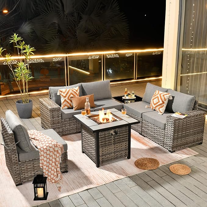 HOOOWOOO Outdoor Patio Sectional Furniture Sofa Set with Propane Gas Fire Pit Table,7 Piece Small Modern Wicker Couch with Widened Armrest,Modular Conversation Seating Set for Out Door(Dark Grey)
