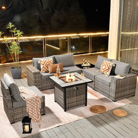HOOOWOOO Outdoor Patio Sectional Furniture Sofa Set with Propane Gas Fire Pit Table,7 Piece Small Modern Wicker Couch with Widened Armrest,Modular Conversation Seating Set for Out Door(Dark Grey)