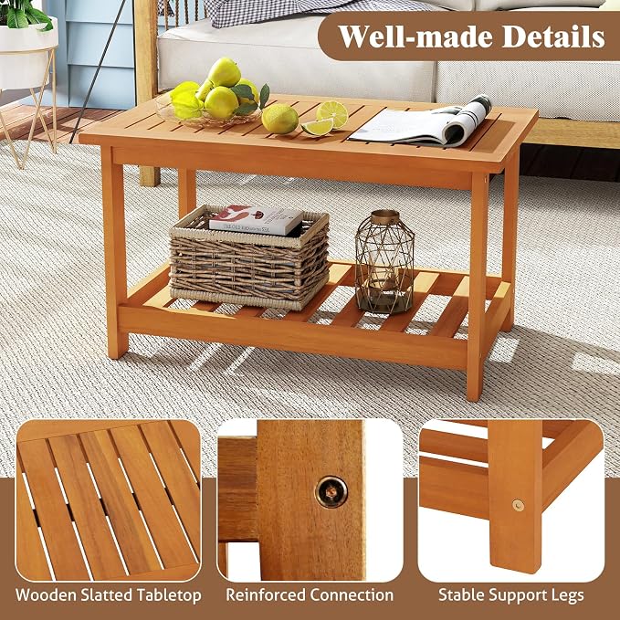 RELAX4LIFE 2-Tier Outdoor Coffee Table - Acacia Wood Rectangular Patio Center Table w/Slatted Tabletop & Storage Shelf, Indoor Outside Wooden Furniture for Living Room Backyard Deck Balcony, Natural