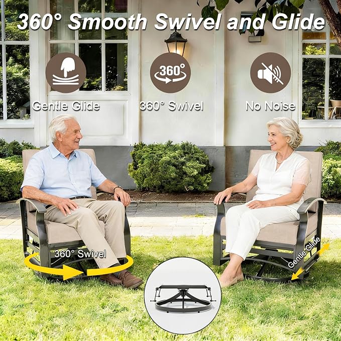 Gotland Outdoor Furniture, Metal Outdoor Swivel Chair with 5.1’’ High-Resilience Seat Cushions 6.2’’ Thick Back Pillow 29.5’’ Deep Seat Removable Cushions, Patio Furniture for Lawn, Porch, Khaki