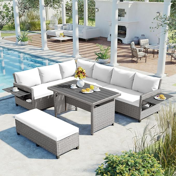 GDFStudio Brava Patio 5-Piece Conversation Set, Outdoor Rattan Sectional Sofa Set with Extendable Side Tables, Dining Table and Bench, L Shaped PE Wicker Furniture Set for Garden, Poolside, White