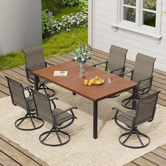 VICLLAX 7 Pieces Patio Dining Set, Patio Furniture Set of 6 Patio Swivel Dining Chairs and Rectangular Patio Table, Mixed Brown Chairs & Walnut Tabletop