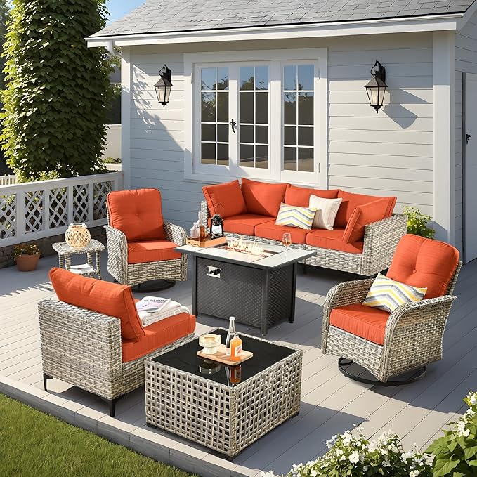 Outdoor Patio Furniture Sets,9 PCS Patio Conversation Set Outside Rattan Sectional Sofa with 42 in Fire Pit Table Wicker Rocking Chair Coffee Table Fit Backyard Porch Garden Poolside Balcony