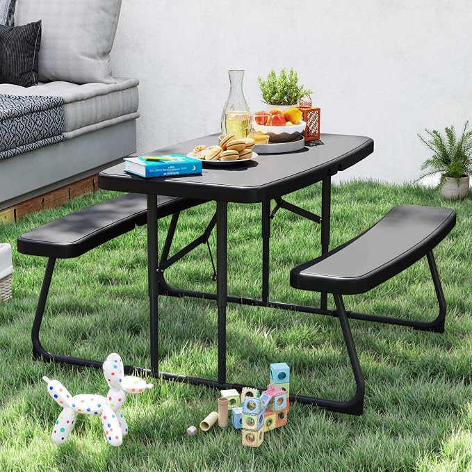 DWVO 37" Picnic Table, Folding Picnic Tables for Outdoors with Weather Resistant Resin Tabletop & Stable Steel Frame for Yard Patio Lawn Party, Black