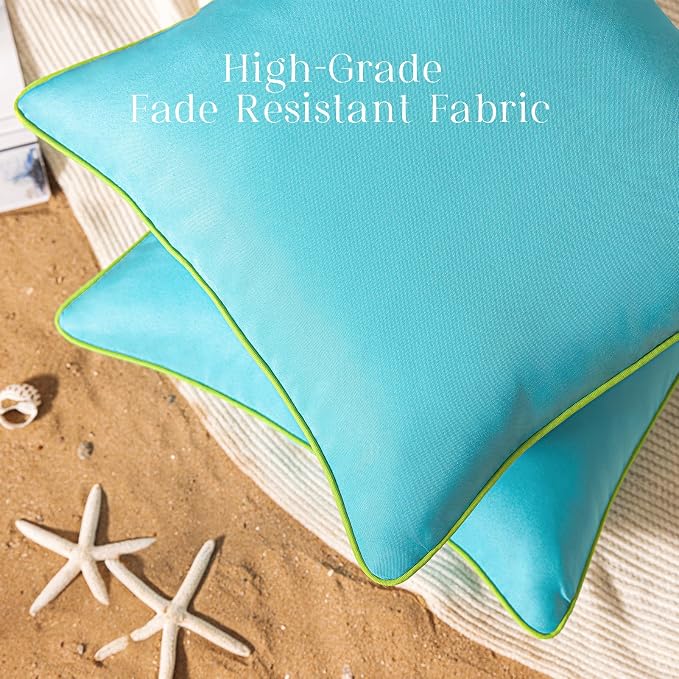 Phantoscope Pack of 2 Outdoor Waterproof Throw Pillow Covers with Contrast Piping, Decorative Square Cushion Case Patio Pillows for Couch Tent, Sky Blue 20x20 inches