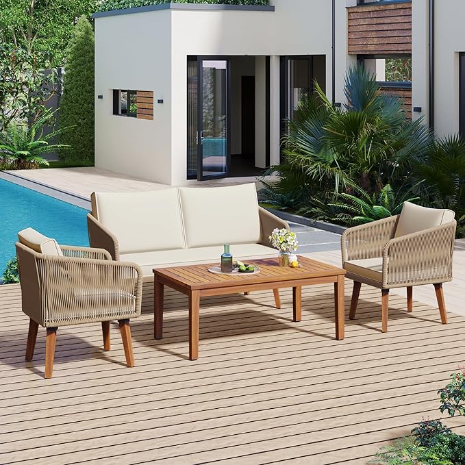 TREXM 4-Piece Patio Conversation Set, Solid Wood Loveseat, 2 Chairs and Table, Outdoor Conversation Group with Cushions for Backyard, Poolside, Garden (Beige Cushion + Natural Rope)