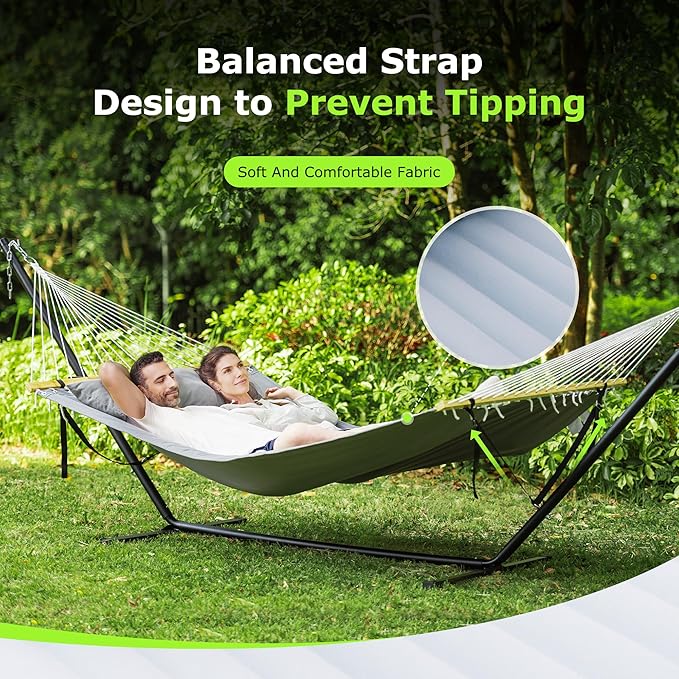 Double Hammock with Stand, Heavy Duty Outdoor Hammock for Two, 500 LBS Capacity, Stable Steel Frame with Balance Strap, Easy Tool-Free Assembly for Patio, Garden, Backyard & Beach,Dark Grey