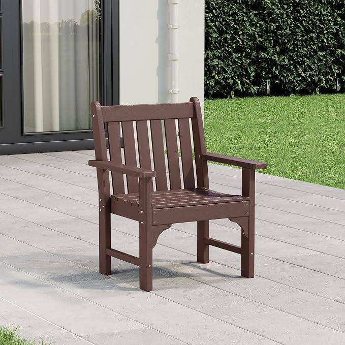 Costaelm Outdoor Dining Arm Chair, Patio HDPE Garden Dining Table Chair, Poly Lumber Waterproof Restaurant Bistro Farmhouse Chairs for Outside Porch Backyard, Dark Brown
