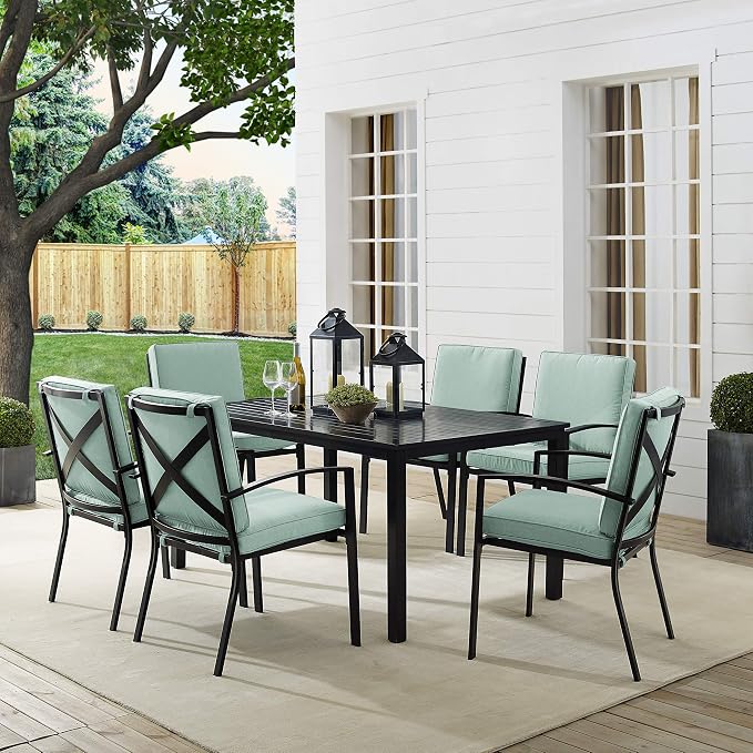 Crosley Furniture Kaplan 7-Piece Outdoor Dining Set for 6, Patio Table and Chairs for Backyard, Deck, Oiled Bronze with Mist Cushions