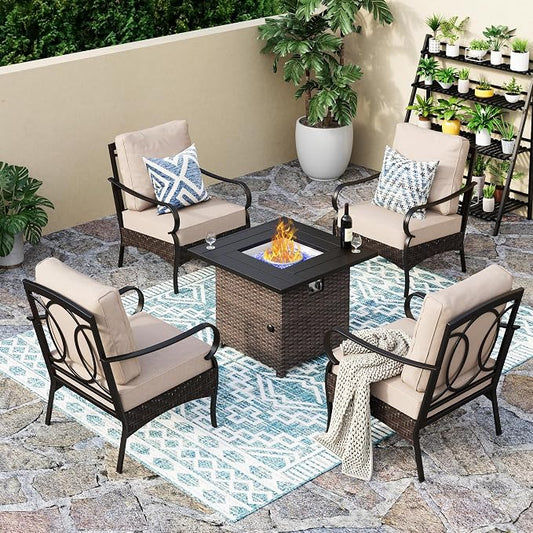 Patio Furniture Set with 32" Fire Pit Table,Patio Conversation Sets 4 Fixed Chairs with Thick Cushion and 50000 BTU Fire Pit Table (5 Pieces,Beige)