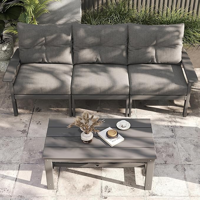 Grey HDPE Patio Sofa Set, 3-Piece Sectional Outdoor Patio Furniture Set, All Weather Outdoor Couch Set with Washable Thick Cushions for Lawn, Garden, Deck, Balcony, Porch, Poolside, Yard
