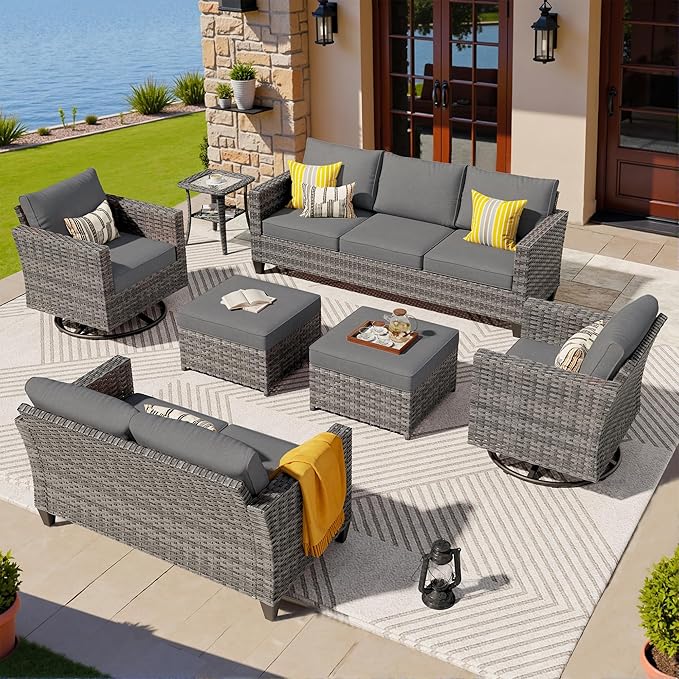 ovios 7 Pieces Patio Furniture Set, Outdoor Wicker Sofa Couch with Swivel Chairs, Rocking Glider Rocker with Comfy Cushions All Weather Rattan Conversation Set, Dark Grey
