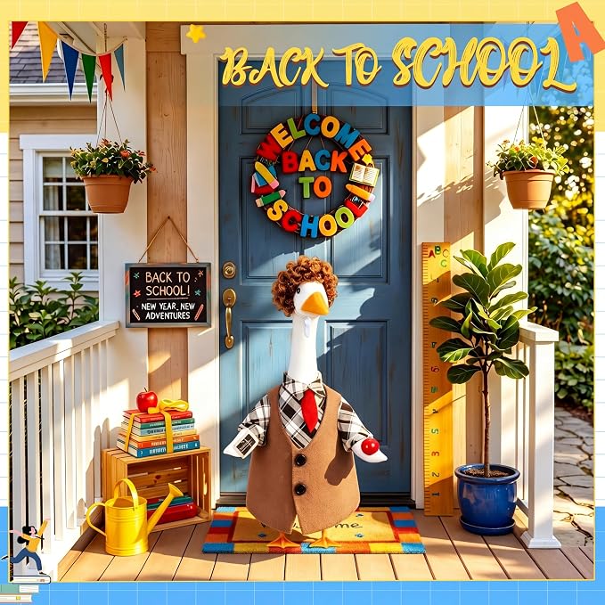 FuWeave Back to School Porch Goose Outfit Set for Plastic Statue Lawn Porch Goose Clothes with Schoolbag for Patio Decor