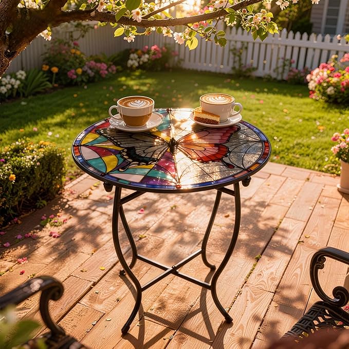 Outdoor Side Table, Indoor Outdoor Small Round Table, Weather Resistant Black Metal Side Table for Livingroom Patio Balcony Yard Porch Garden, 14” Diameter and 17” H Patio Accent Table Plant Stand