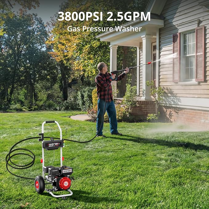 AMERISUN Gas Pressure Washer 3800 PSI 2.5 GPM, 212CC 4-Stroke OHV Engine Gas Powered Pressure Washer, 10’’ High Wheels 5 Nozzle Set Include Soap Tank for Cars Fences Driveways Patios Furniture Home