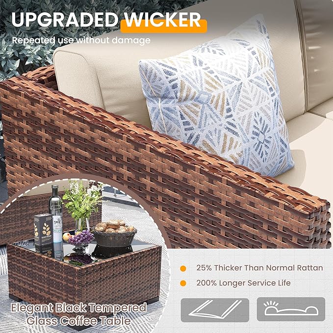 UDPATIO Patio Furniture Set, Modular Outdoor Sectional with 105°Slanted Back, 7 Pieces Rattan Conversation Set for Poolside, Backyard, Deck, with Coffee Table, Waterproof Cover,Khaki
