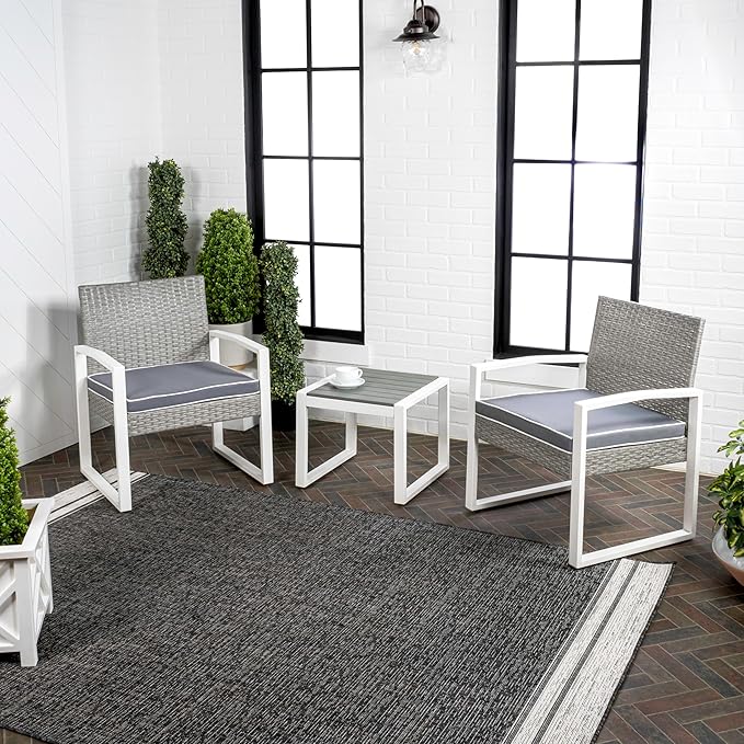JONATHAN Y LVG1101A-3SET Selby 3-Piece Modern Coastal Faux Wicker Conversation Outdoor Patio Set Mid-Century, Classic, Contemporary, Traditional, Minimalist, White/Gray