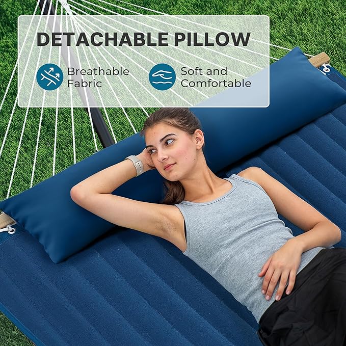 SUPERJARE Hammock with Stand, 2 Person Quilted Outdoor Hammock, Detachable Pillow & Bamboo Spreaders, Portable Hammock with Carrying Bag, Heavy Duty Stand, Perfect for Outside, Patio, Navy Blue