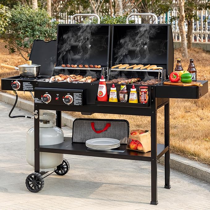 ZH3005 2-Burner Gas and Charcoal Combo Grill with Side Burner, 34,000 BTU Dual Fuel Grill, 823 Sq. In. Cooking Area, for Outdoor Patio Garden Picnic Backyard Cooking, Black