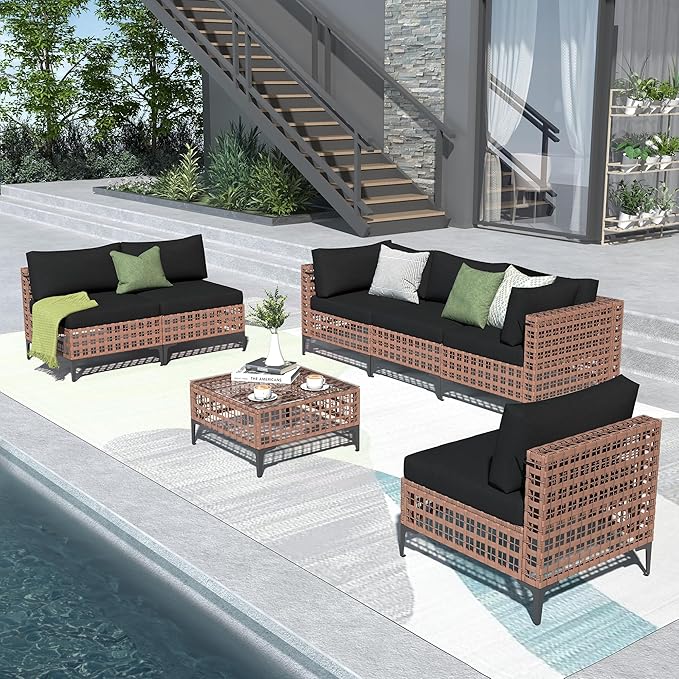 Patiorama 7 Piece Wicker Patio Furniture Set, Natural-Colored PE Rattan Outdoor Conversation Set Sectional Sofa with Water Resistant Cushion and Glass Table, Outdoor Couch, Porch, Backyard-Black