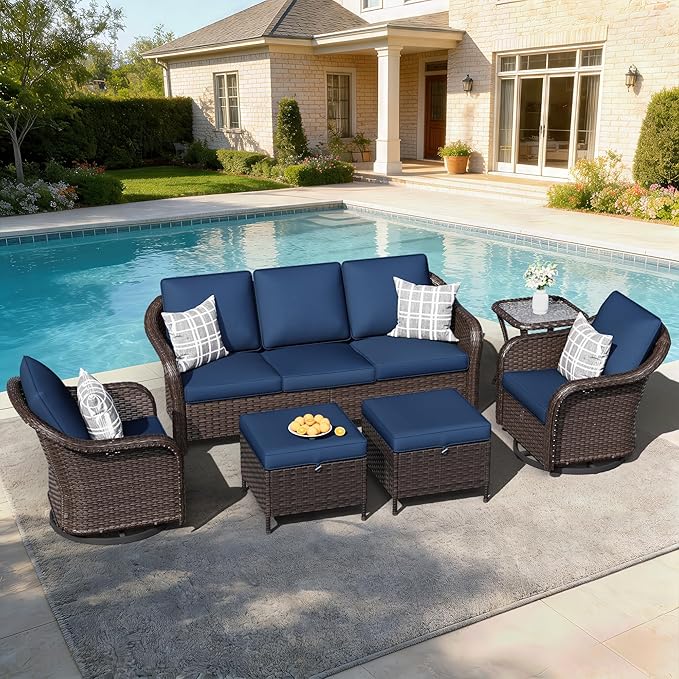 6 PCS Outdoor Conversation Set | 78" Couch, 2 Swivel Chairs, 1 Side Table, 2 Ottomans, Patio Wicker Conversation Furniture with Removable Cushions for Bistro, Deck, Sunroom (Navy Blue)
