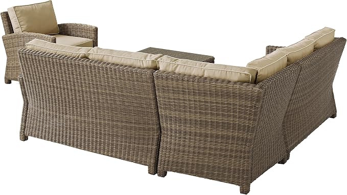 Crosley Furniture Bradenton 5-Piece Outdoor Sectional Sofa Wicker Conversation Patio Furniture Set for Deck, Brown with Sand Cushions