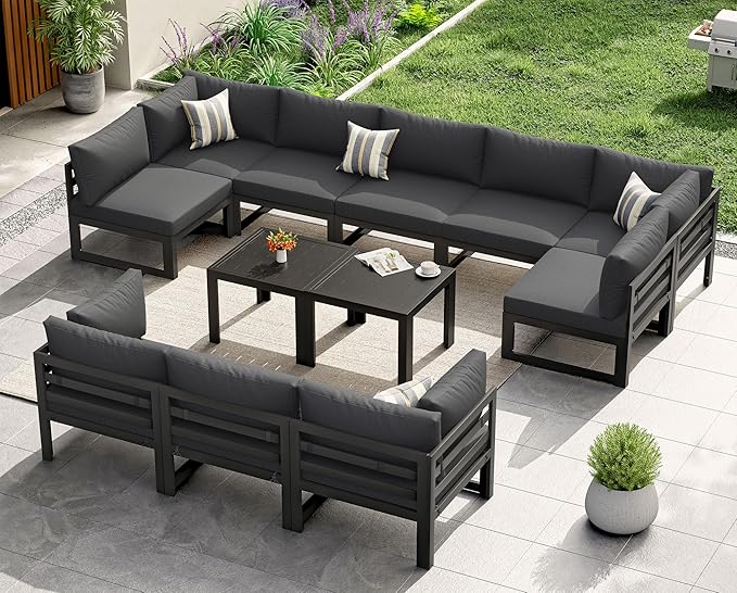 NICESOUL 12 Piece Extra Large Aluminum Outdoor Furniture Set, Rust-Proof Luxury Patio Sectional with Coffee Table, 500lbs Sturdy Comfortable Couch Sofa Conversations for Outside Garden, Dark Gray