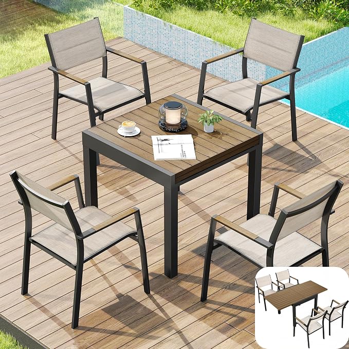 5 Piece Outdoor Dining Set, Expandable Outdoor Patio Dining Table Set for 4-6 Person, Aluminum Outdoor Table and 4 Chairs with Textilene Fabric & Armrest for Patio, Garden, Lawn, Deck(Brown)