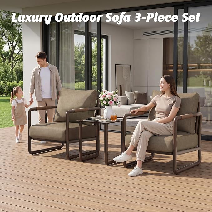 Outdoor Aluminum Patio Furniture Set with with 6.5" Thick Cushions,3-Piece Outdoor Sectional Conversation Set with Coffee Table, All-Weather Patio Set for Backyard & Deck，Brown