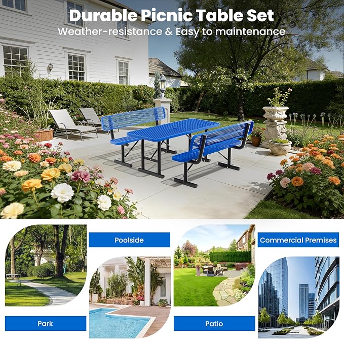 6FT Outdoor Metal Picnic Table with 2 Benches,Heavy Duty Rectangular Picnic Table Set for Outside, Waterproof Commercial Restaurant Table Furniture for Park, Campfield, Patio, Garden, Yard