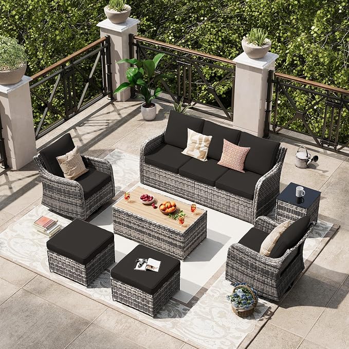 MEISSALIVVE 7 Pieces Patio Furniture Set with Swivel Chair, Outdoor Patio Conversation Set, Patio Sectional Furniture Set with 2 Swivel Rocker Patio Chair and Sofa, 2 Ottomans and Coffee Table (Black)