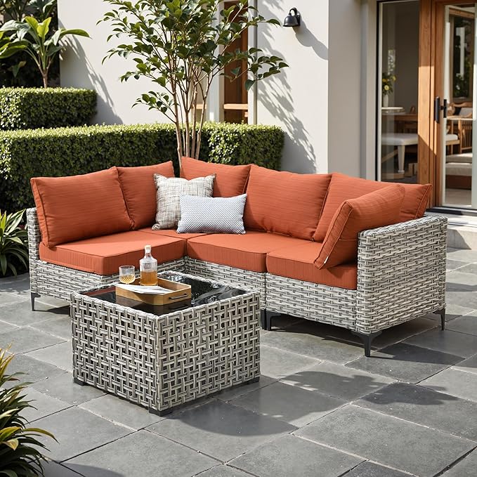 Outdoor Patio Furniture Sets,5 PCS Patio Conversation Set Outside Rattan Sectional Sofa with Coffee Table Fit Backyard Porch Garden Poolside Balcony