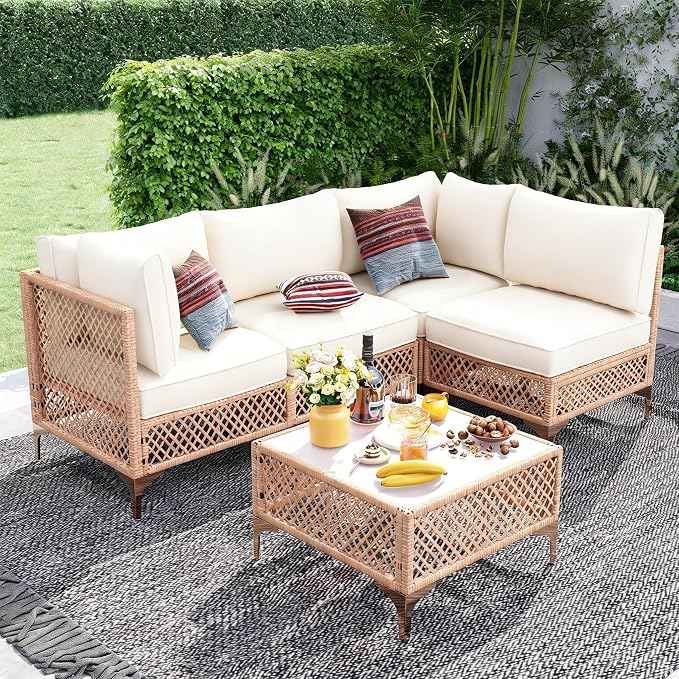 5-Piece Generous Patio Furniture Set, Wicker Outdoor Sectional Set with Large Tempered Glass Coffee Table, Boho Patio Conversation Couch Set with Thickened and Enlarged Cushion and Throw Cushion