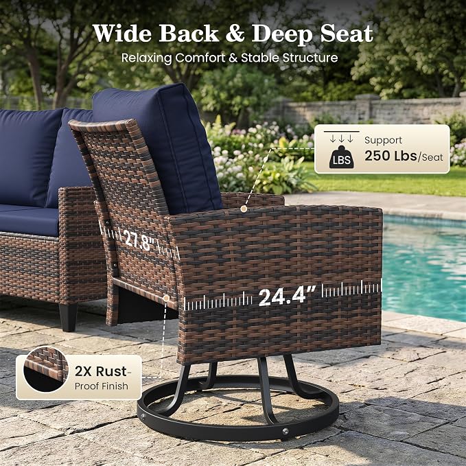 Amopatio Patio Furniture Set with Fire Pit Table,7 Pieces Conversation Set with 360°Swivel Chairs, All Weather Wicker Outdoor Furniture for Backyard Garden Pool Deck,Blue