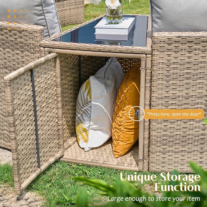 PaPaJet 11-Piece Patio Furniture Set, Half-Moon Outdoor Wicker Sectional Sofa with Large Storage Wedge Table, All-Weather Wicker Conversation Set for Backyard, Garden, or Deck, Beige