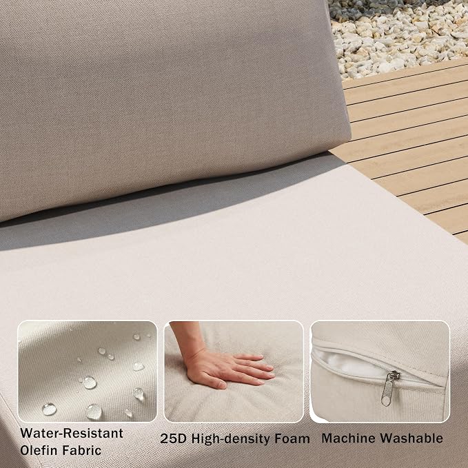 3-Piece Patio Conversation Set, Outdoor Sectional Sofa Wicker Furniture with Thick Cushions & Wood Grain Coffee Table, Small Patio Furniture for Balcony Porch
