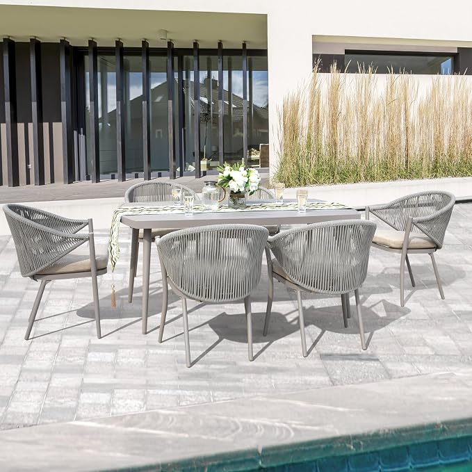 Nuu Garden Outdoor 7 Piece Dining Set, Woven Rope Conversation Chairs with Seat Cushions and Tufted Pillows, Aluminum Dining Table with 2.76" Umbrella Hole, Ideal for Patio, Lawn, Garden, Porch, Beige