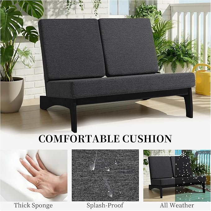 UIXE 8 Pieces All Weather Black Wood Patio Furniture Sets, 2 Patio Loveseat, 4 Patio Bistro Chair, Outdoor Sectional Sofa Furniture Backyard Conversation Set with Coffee Table - Dark Gray